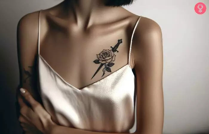A woman with a rose and dagger tattoo