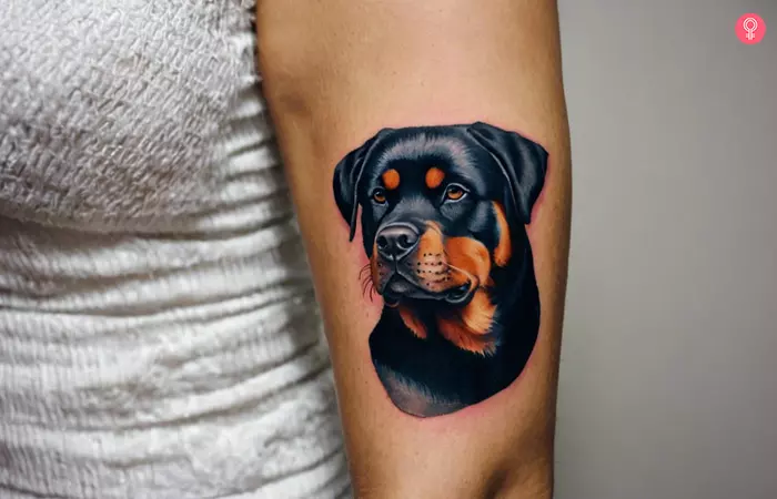 A woman with a simple rottweiler tattoo on her upper arm