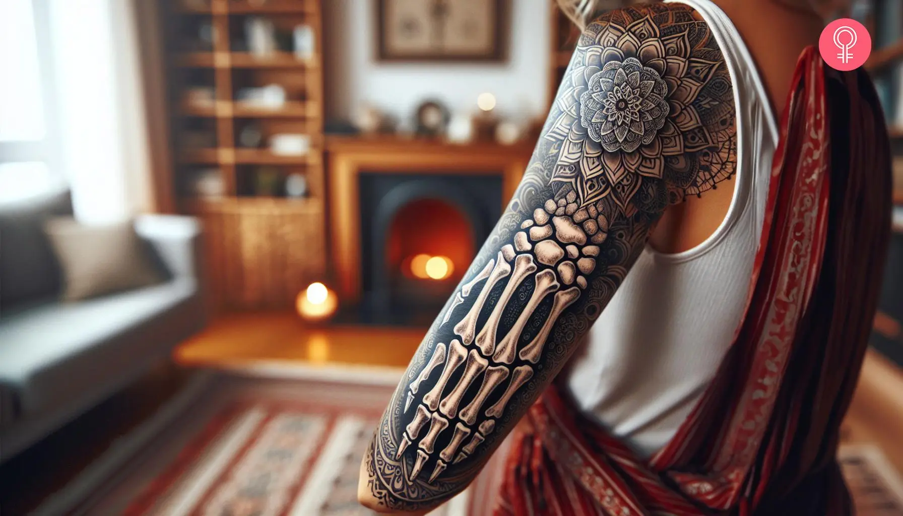 A woman with a skeleton hand tattoo sleeve on her arm