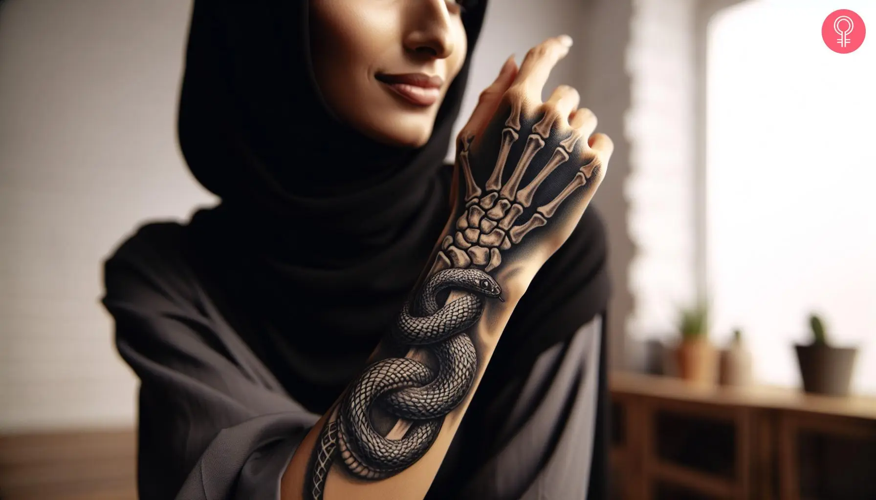 A woman with a skeleton hand tattoo with a snake on her forearm