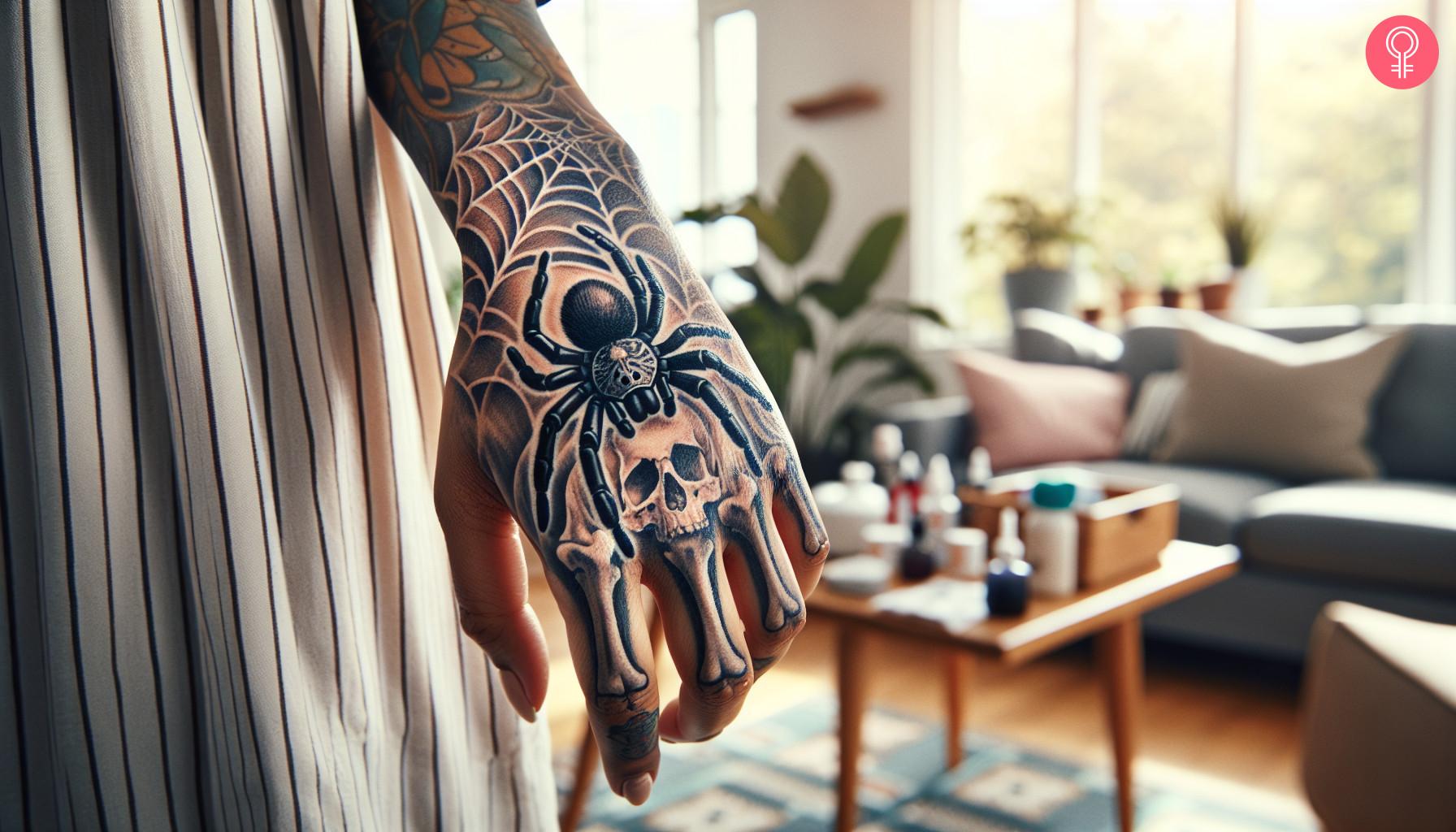 A woman with a skeleton hand tattoo with a spider on her hand