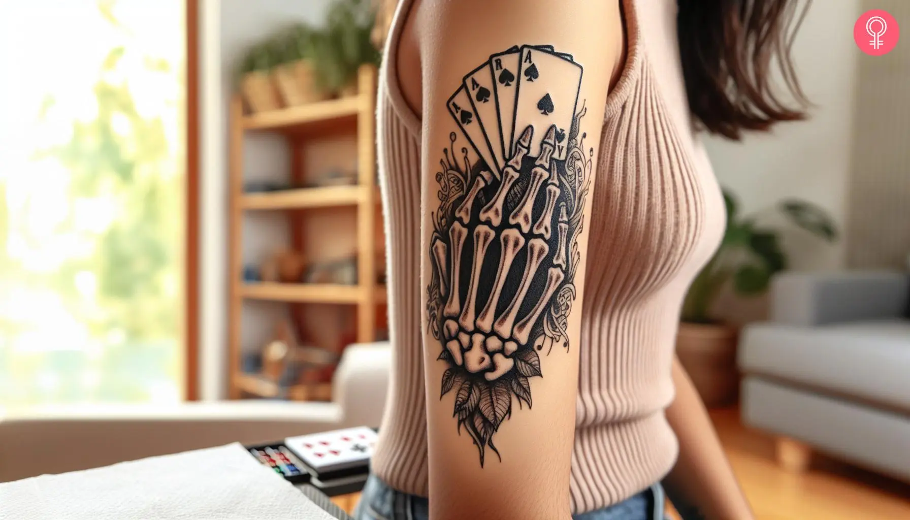 A woman with a skeleton hand with cards tattooed on her bicep