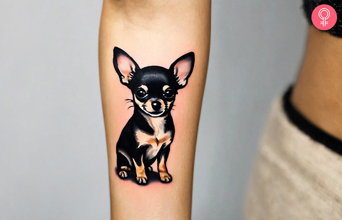 A woman with a small Chihuahua tattoo on her arm