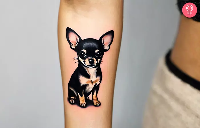 A woman with a small Chihuahua tattoo on her arm