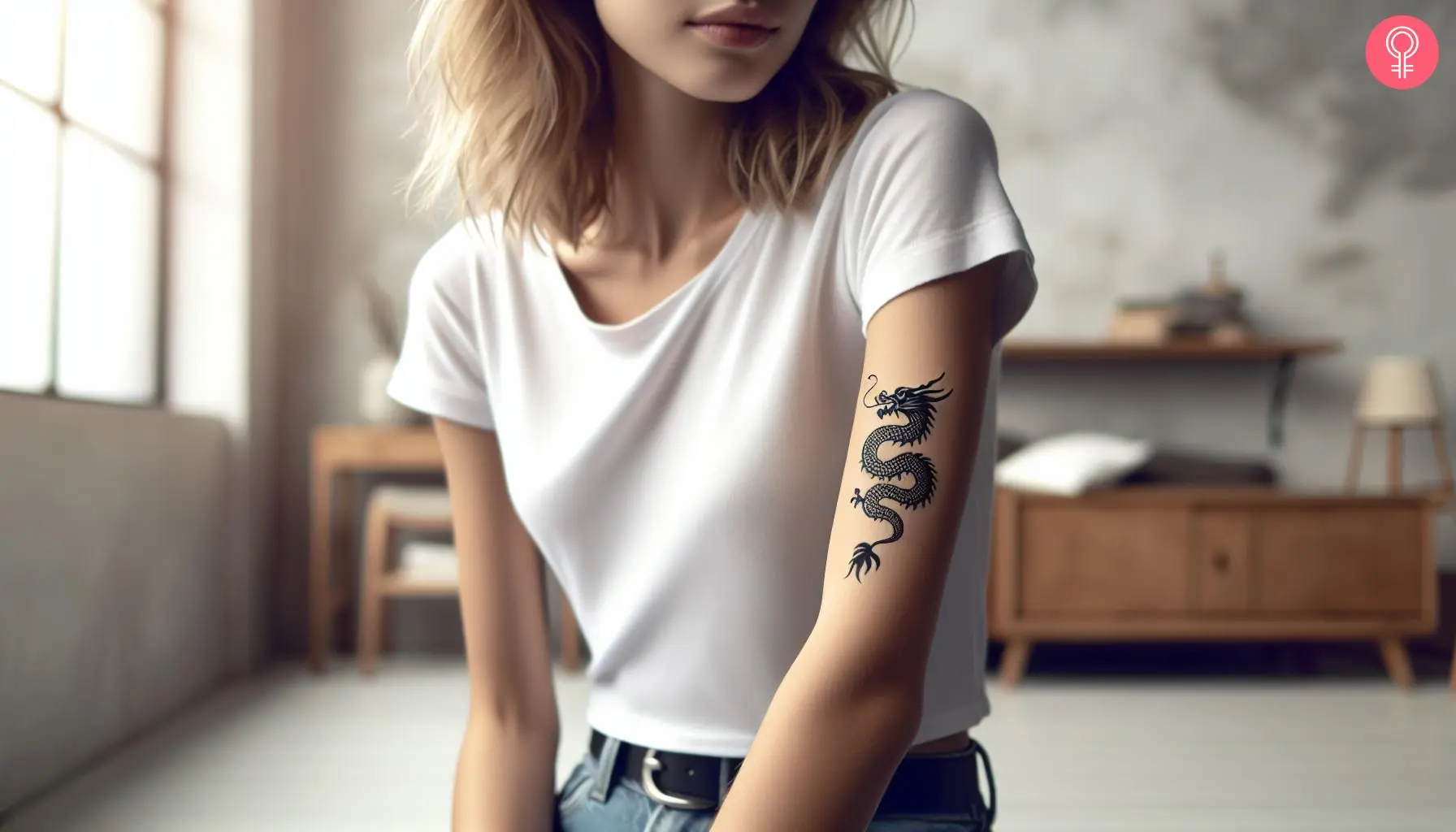 A woman with a small Japanese dragon tattoo on her upper arm