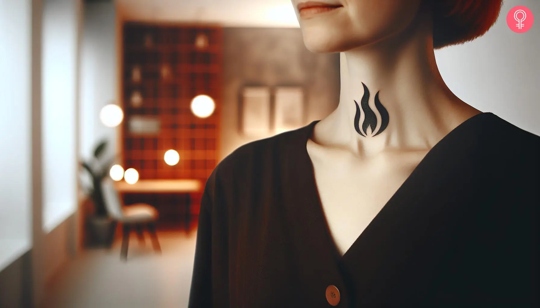 A woman with a small, black flame tattoo on her neck