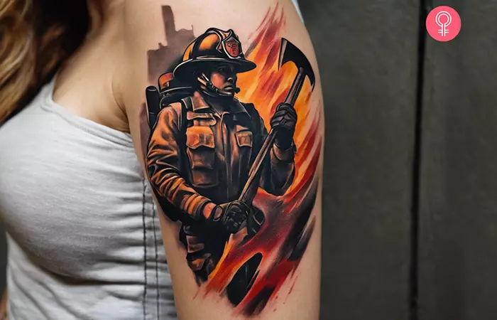 A woman with a tattoo of a firefighter holding an axe