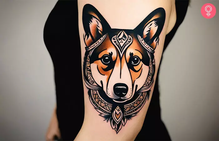 A woman with a tribal-style corgi tattoo design on her upper arm