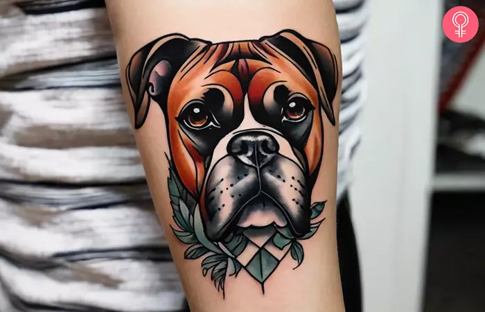 A woman with a vibrant boxer dog portrait tattoo