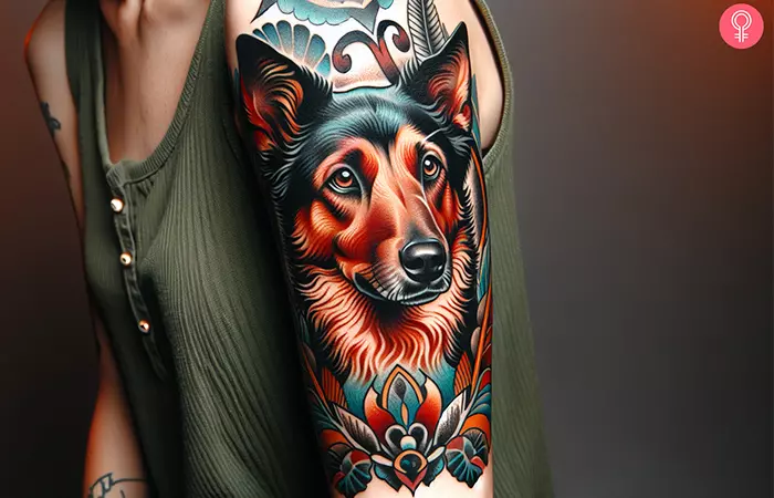A woman with a vibrant dog portrait tattoo design on her upper arm