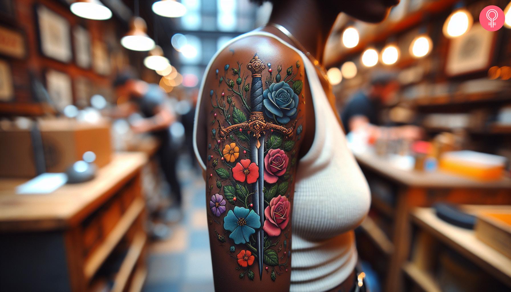 A woman with a vibrant sword and flower tattoo on her upper arm