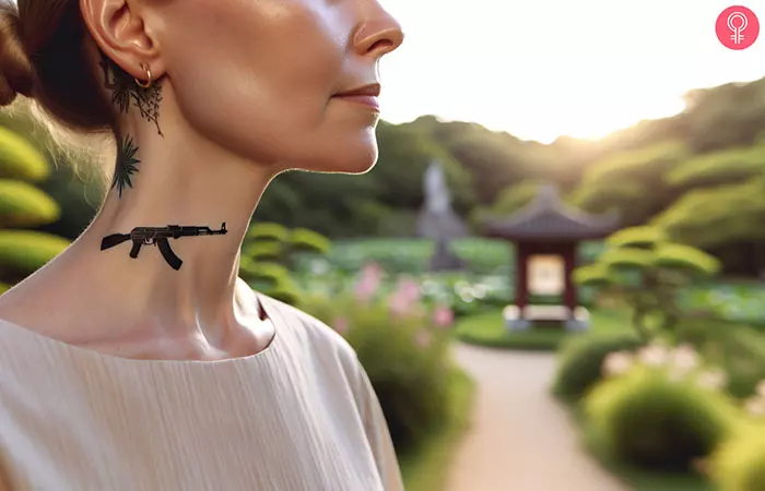 A woman with an AK-47 tattoo on her neck