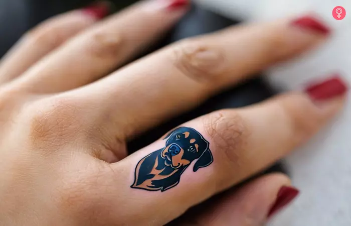 A woman with an American traditional rottweiler tattoo on her finger
