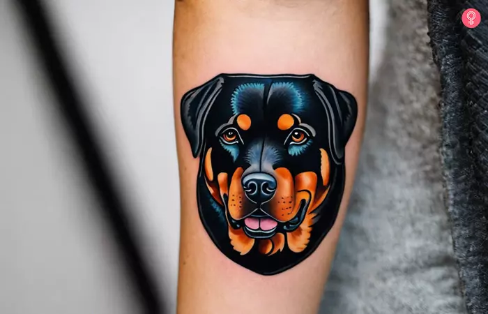 A woman with an American traditional rottweiler tattoo on her forearm