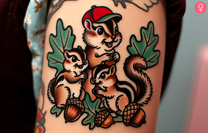 A woman with an alvin and the chipmunks tattoo on upper arm