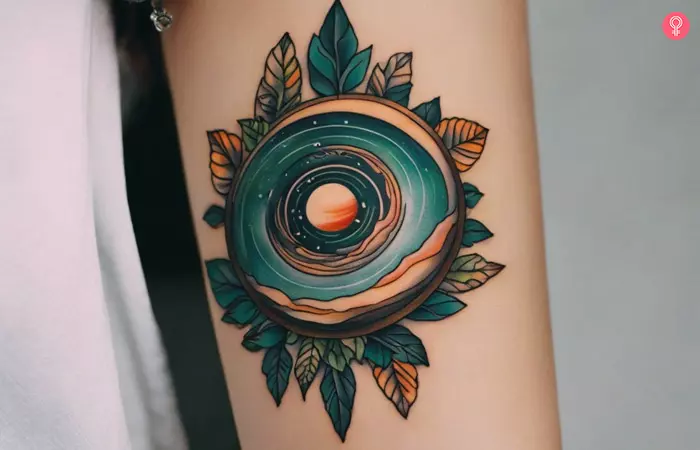 A woman with futuristic jupiter tattoo with greenery on her forearm