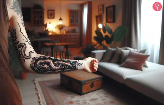 A woman with sandworm and coffin tattoo on her arm