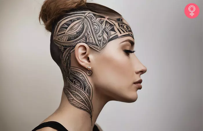 A woman with an abstract head tattoo 