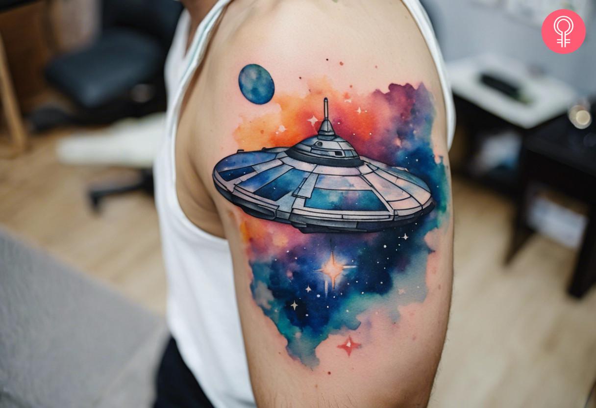 Watercolor spaceship tattoo