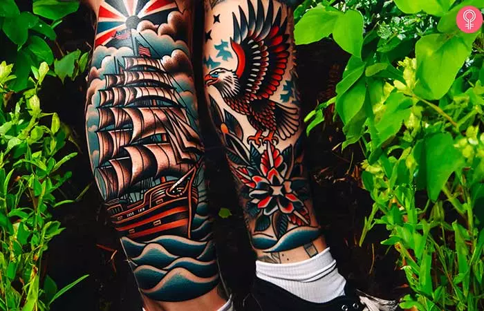 American traditional leg sleeve tattoo