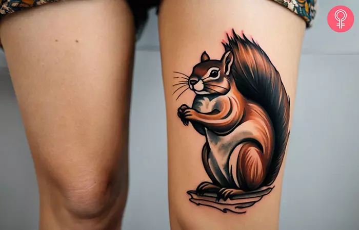 A squirrel tattoo on the knee in the american traditional style