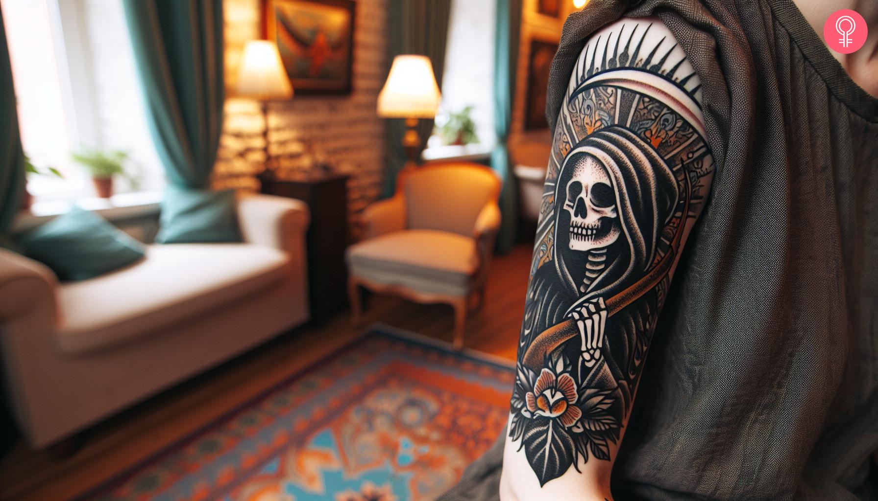 An American traditional Grim Reaper tattoo on the upper arm of a woman