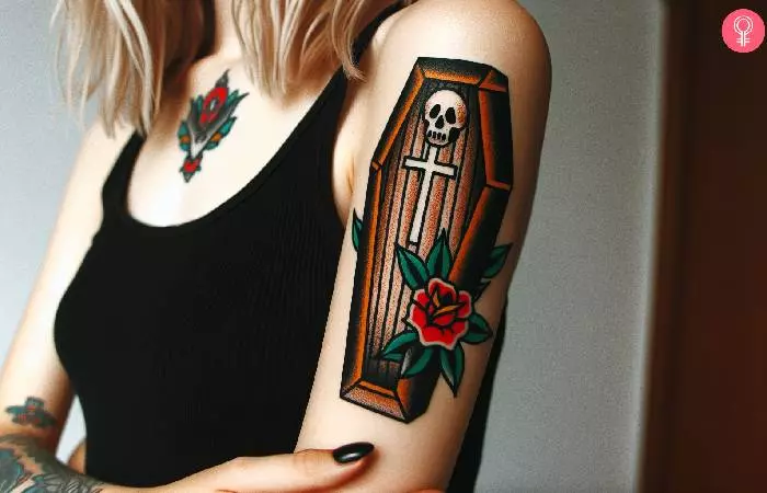 An American traditional coffin tattoo on the upper arm