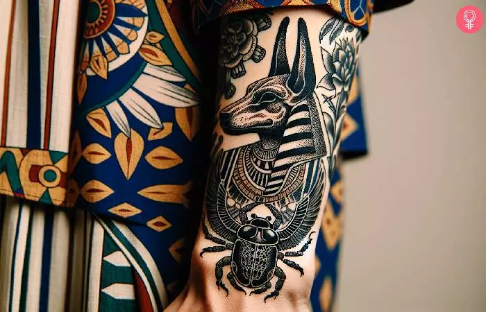 An Anubis and scarab beetle tattoo on the wrist