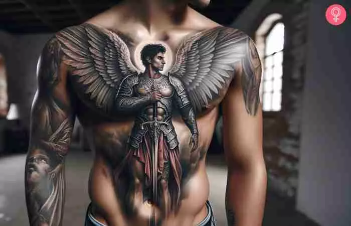 An Archangel Michael tattoo on the chest of a man