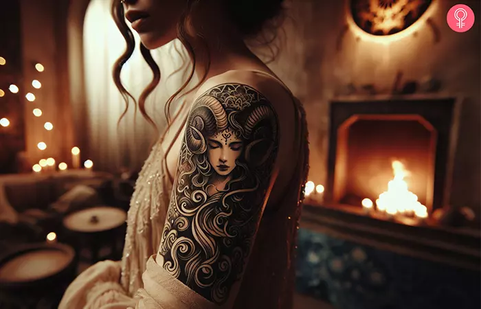 An Aries goddess tattoo on the arm of a woman