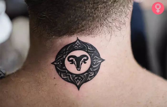 An Aries tattoo on the neck of a man