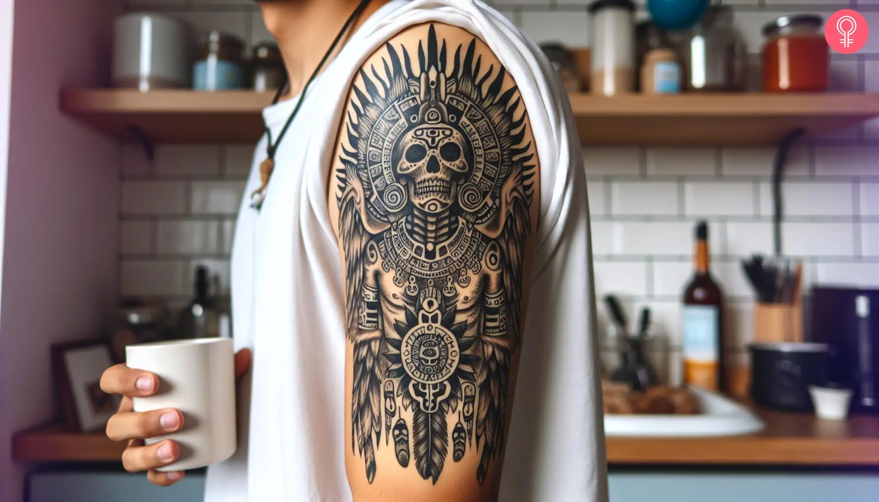 An Aztec god of death tattoo on the upper arm of a man