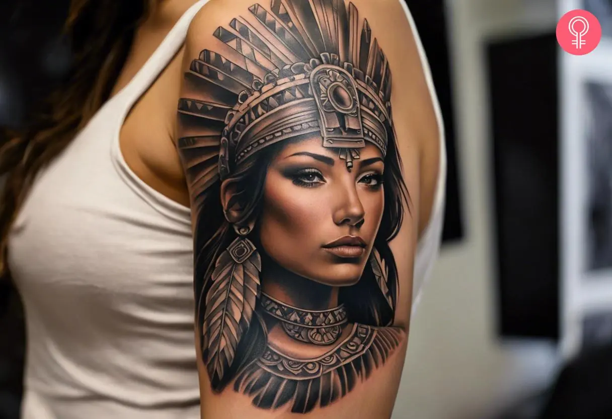 An Aztec princess tattoo on the upper arm of a woman