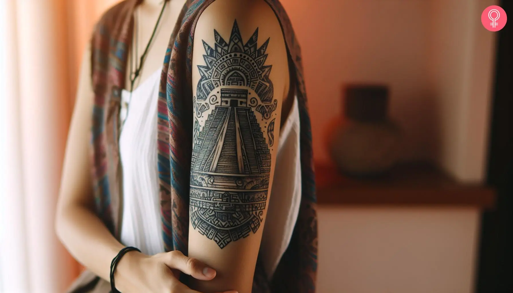 An Aztec pyramid tattoo on the upper arm of a woman