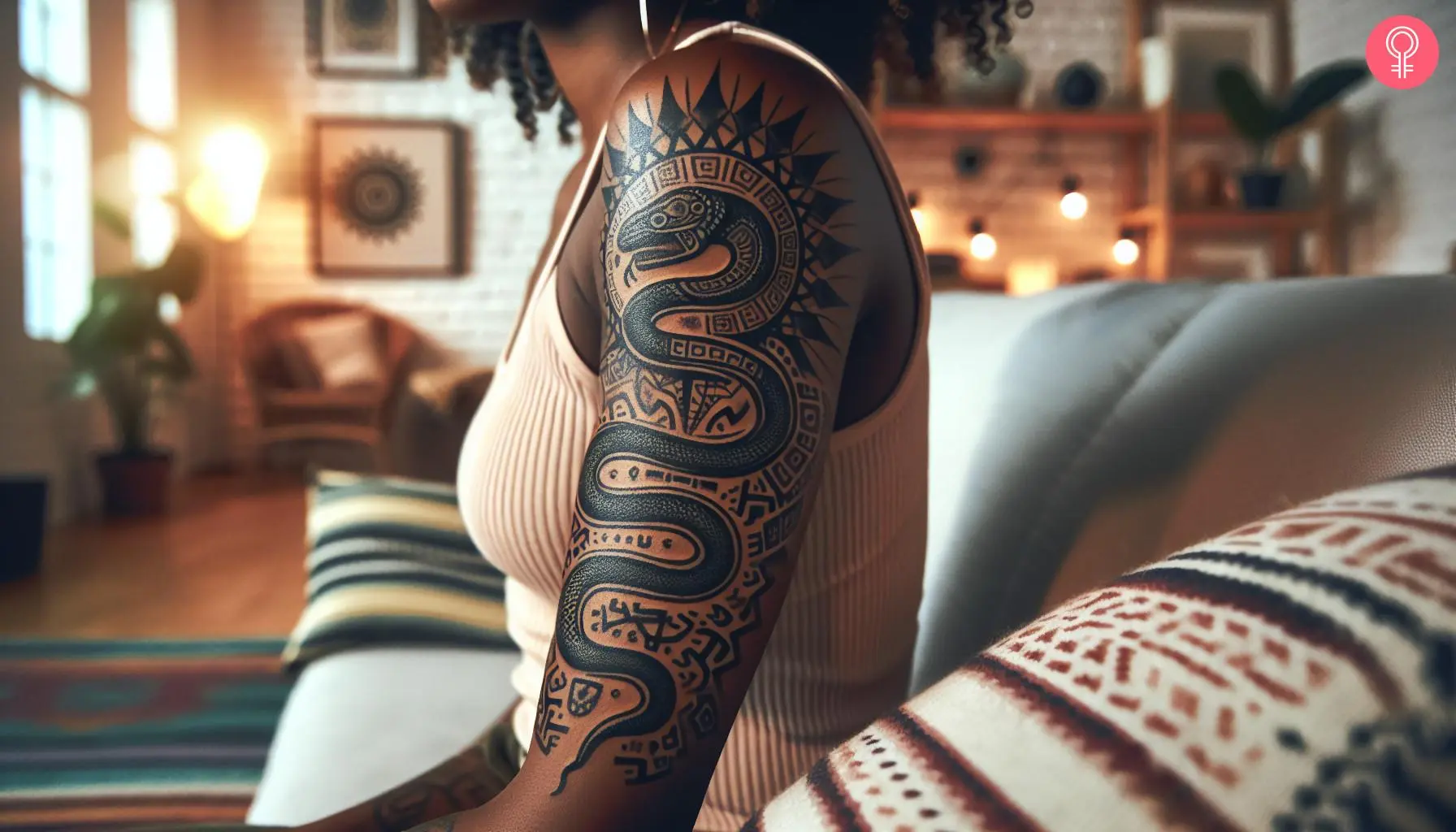 An Aztec snake tattoo on the upper arm of a woman