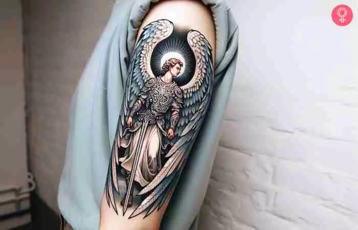 An archangel Michael tattoo on the arm of a woman