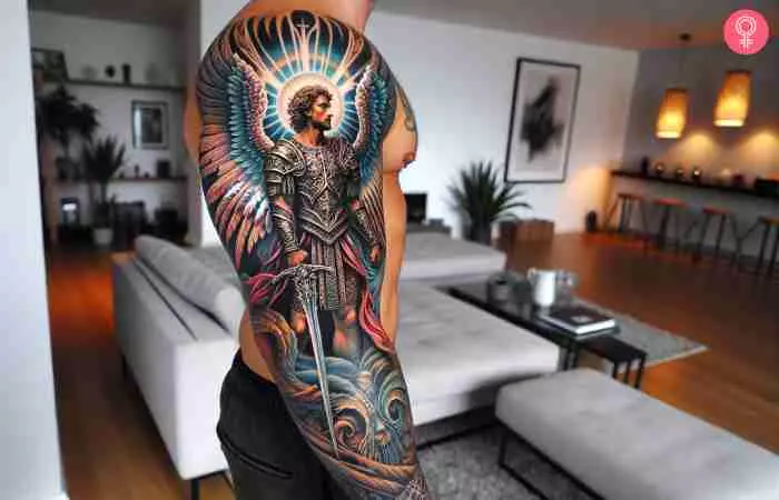 An archangel Michael tattoo on the entire arm of a man