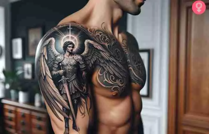An archangel Michael tattoo on the shoulder of a man