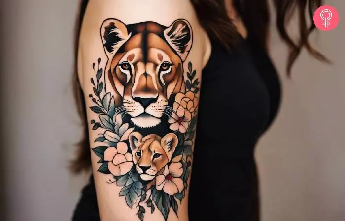 An upper arm lioness and cub tattoo with flowers