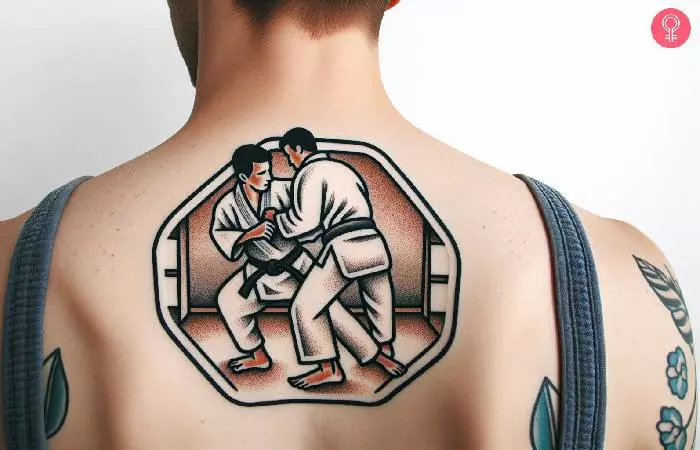 An upper back American traditional tattoo of a jiu jitsu belt