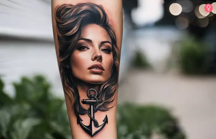 Anchor face tattoo on forearm