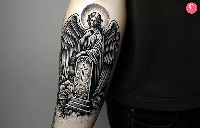 An angel tombstone tattoo on the arm