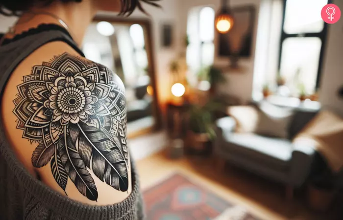 Woman with a floral Aztec tattoo on shoulder