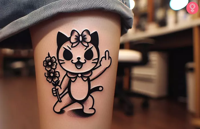 Woman with badass Hello Kitty tattoo on her calf