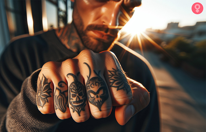 Edgy tattoo on the knuckles of a man