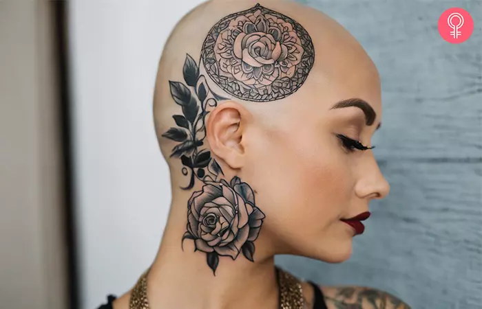 A woman with a bald head tattoo