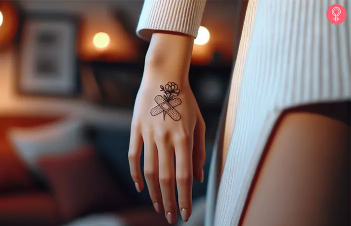 A band-aid flower tattoo on the back of the hand