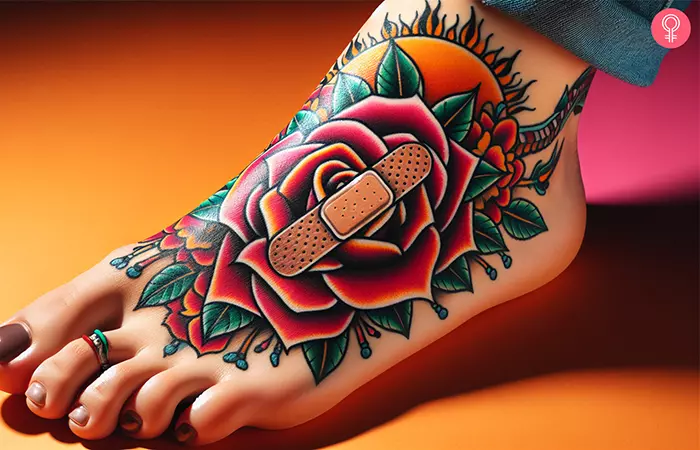 A band-aid flower tattoo on the foot