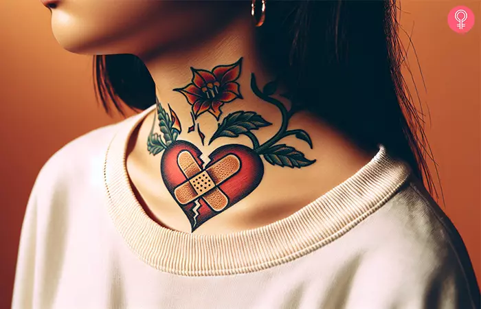 A band-aid tattoo with a broken heart on the neck