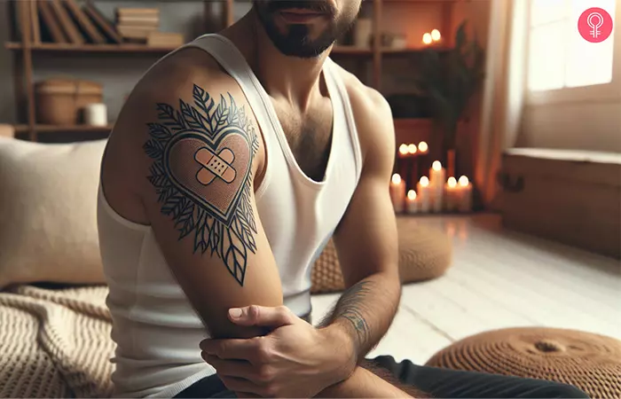 A man sporting a 3D band-aid tattoo with a heart on his upper arm